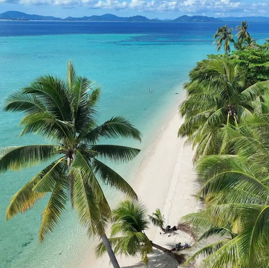 Aerial drone view of palm trees and a sandy beach Sea Plus Water Chalet Resort