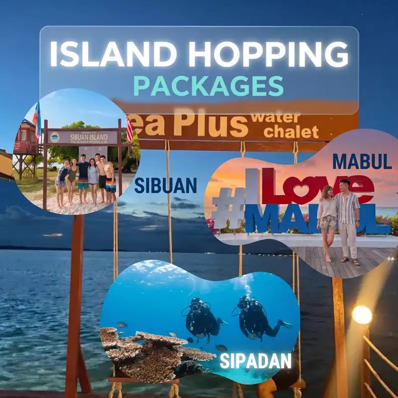 Multi day island hopping tour packages with Sea Plus Water Chalet Resort in the Semporna Islands area.